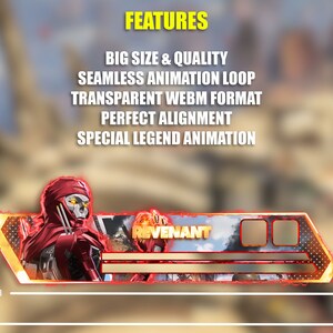 May include: Animated banner featuring the Apex Legends character Revenant. The banner is in a gold and red color scheme with a transparent background. The banner is 582 pixels wide by 1604 pixels tall. The banner is also available in a smaller size, 248 pixels wide by 1258 pixels tall. The banner features the text "REVENANT" in a white font. The banner also includes the text "BIG SIZE & QUALITY", "SEAMLESS ANIMATION LOOP", "TRANSPARENT WEBM FORMAT", "PERFECT ALIGNMENT", and "SPECIAL LEGEND ANIMATION".