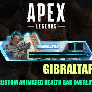 May include: A blue and white animated health bar overlay for the video game Apex Legends, featuring the character Gibraltar. The overlay includes a graphic of Gibraltar holding a gun and a background image of a futuristic cityscape.