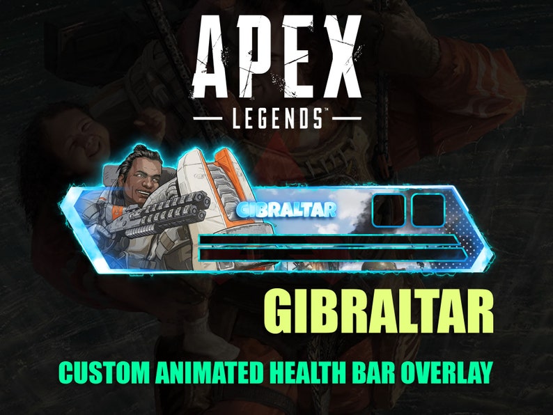 May include: A blue and white animated health bar overlay for the video game Apex Legends, featuring the character Gibraltar. The overlay includes a graphic of Gibraltar holding a gun and a background image of a futuristic cityscape.