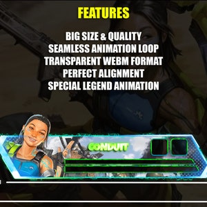 May include: A blue and green animated Twitch banner featuring a female character, the text "CONDUIT", and the words "BIG SIZE & QUALITY", "SEAMLESS ANIMATION LOOP", "TRANSPARENT WEBM FORMAT", "PERFECT ALIGNMENT", and "SPECIAL LEGEND ANIMATION".