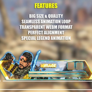 May include: Animated banner featuring Mirage, a character from the video game Apex Legends. The banner is gold and blue with a transparent background. The text "MIRAGE" is displayed in the banner. The banner is 582 pixels wide by 1604 pixels tall.
