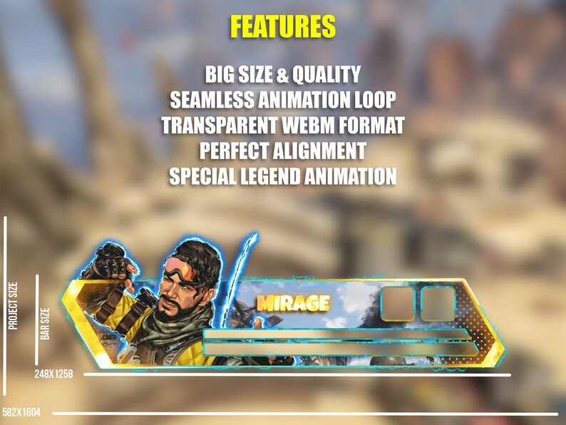 May include: Animated banner featuring Mirage, a character from the video game Apex Legends. The banner is gold and blue with a transparent background. The text "MIRAGE" is displayed in the banner. The banner is 582 pixels wide by 1604 pixels tall.