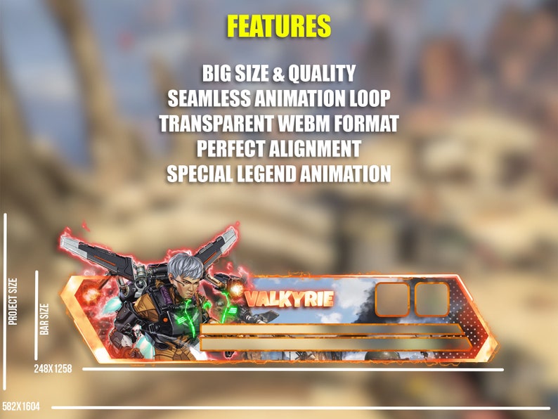 May include: Animated banner featuring a character from the video game Apex Legends. The character is Valkyrie, a pilot with a jetpack. The banner is in a webm format and has a transparent background. The banner is 582 pixels wide and 1604 pixels tall. The banner also includes the text "VALKYRIE".