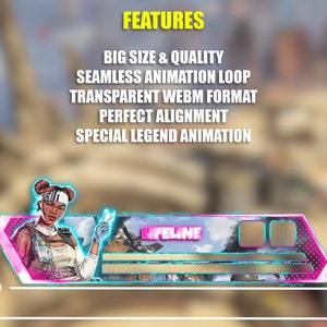 May include: Animated GIF of a pink and blue banner with a character from the video game Apex Legends. The character is Lifeline, a female character with brown skin and short, curly brown hair. The banner has the text "LIFELINE" in a blue font. The banner is animated with a glowing effect.