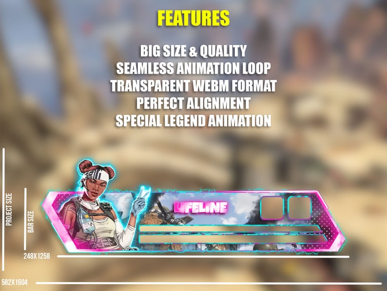 May include: Animated GIF of a pink and blue banner with a character from the video game Apex Legends. The character is Lifeline, a female character with brown skin and short, curly brown hair. The banner has the text "LIFELINE" in a blue font. The banner is animated with a glowing effect.