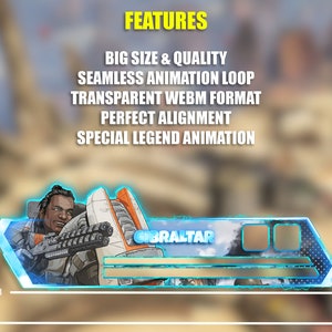 May include: Animated banner featuring the character Gibraltar from the video game Apex Legends. The banner is blue and white with a transparent background. The text "GIBRALTAR" is visible in the banner.