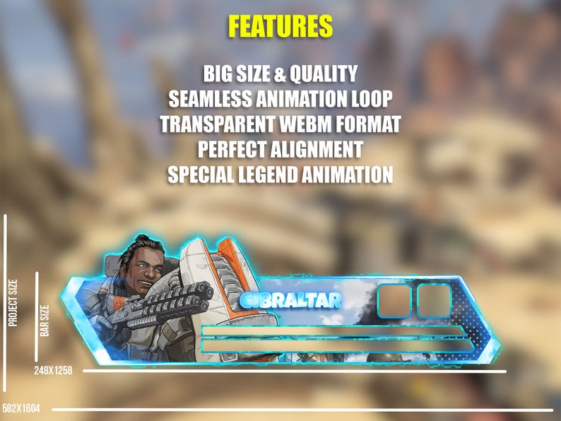May include: Animated banner featuring the character Gibraltar from the video game Apex Legends. The banner is blue and white with a transparent background. The text "GIBRALTAR" is visible in the banner.