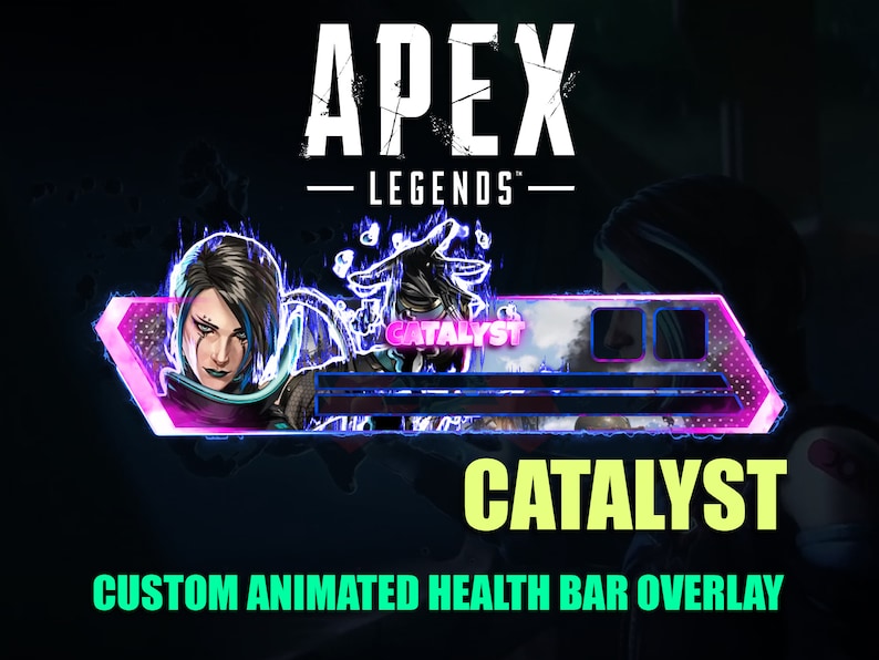 Op de afbeelding: Een aangepaste geanimeerde gezondheidsbalk-overlay voor het videospel Apex Legends, met het personage Catalyst. De overlay is roze en blauw met een bewolkte achtergrond en de tekst "Catalyst" in felgeel.