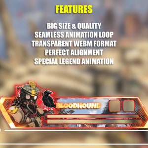 May include: Animated Bloodhound banner for streaming, featuring a gold and red design with a transparent background. The banner includes a character illustration and the text "BLOODHOUND".