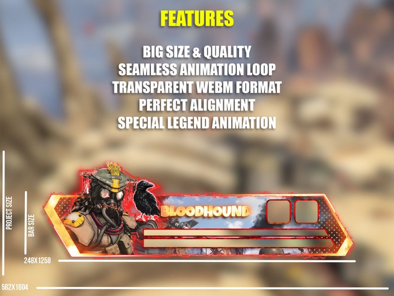 May include: Animated Bloodhound banner for streaming, featuring a gold and red design with a transparent background. The banner includes a character illustration and the text "BLOODHOUND".