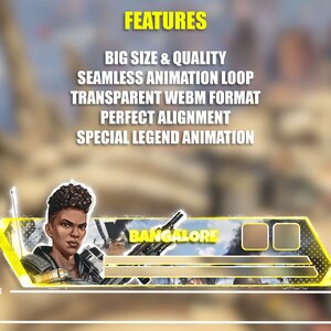 Puede incluir: Banner animado con Bangalore, un personaje del videojuego Apex Legends. El banner es amarillo y negro con un fondo transparente. Incluye el texto "BANGALORE" y las dimensiones 582x1604 y 248x1258.