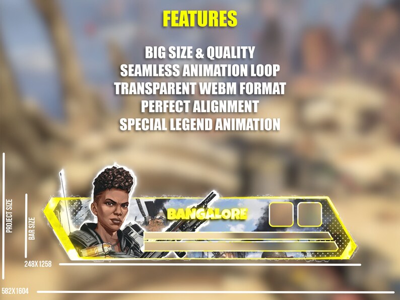 Puede incluir: Banner animado con Bangalore, un personaje del videojuego Apex Legends. El banner es amarillo y negro con un fondo transparente. Incluye el texto "BANGALORE" y las dimensiones 582x1604 y 248x1258.