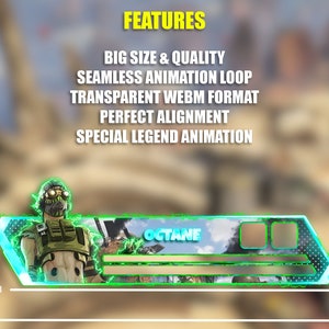 Peut inclure: Graphique num&eacute;rique mettant en vedette le personnage Octane d'Apex Legends. Le design comprend l'image du personnage, le nom "OCTANE" et le texte "FEATURES" avec une liste d'attributs cl&eacute;s. L'arri&egrave;re-plan est un paysage d&eacute;sertique flou.