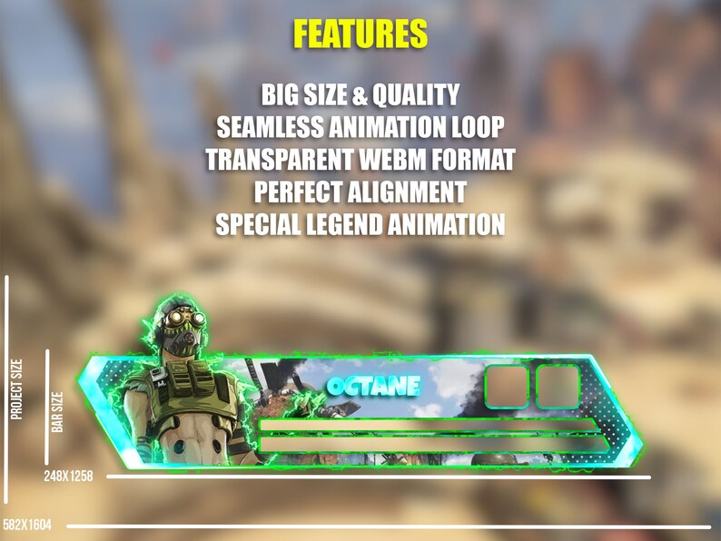 Peut inclure: Graphique num&eacute;rique mettant en vedette le personnage Octane d'Apex Legends. Le design comprend l'image du personnage, le nom "OCTANE" et le texte "FEATURES" avec une liste d'attributs cl&eacute;s. L'arri&egrave;re-plan est un paysage d&eacute;sertique flou.