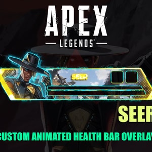 Puede incluir: Una superposici&oacute;n de barra de salud animada amarilla y azul para el personaje Seer de Apex Legends. La superposici&oacute;n presenta un gr&aacute;fico de Seer con un fondo azul y el texto "SEER" en amarillo.