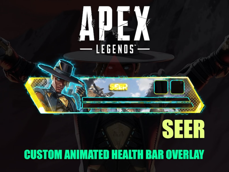 Puede incluir: Una superposici&oacute;n de barra de salud animada amarilla y azul para el personaje Seer de Apex Legends. La superposici&oacute;n presenta un gr&aacute;fico de Seer con un fondo azul y el texto "SEER" en amarillo.