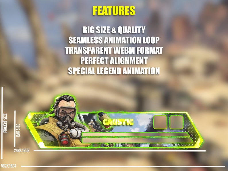 May include: A digital graphic featuring the character "Caustic" from a video game, with a green and yellow design. Text includes "FEATURES", "BIG SIZE & QUALITY", "SEAMLESS ANIMATION LOOP", "TRANSPARENT WEBM FORMAT", "PERFECT ALIGNMENT", and "SPECIAL LEGEND ANIMATION".