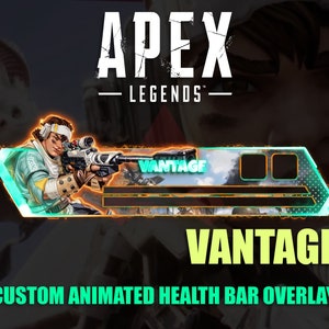 Puede incluir: Una superposici&oacute;n de barra de salud animada verde y azul para el personaje Vantage de Apex Legends. La superposici&oacute;n presenta un dise&ntilde;o personalizado con el nombre del personaje y una imagen de fondo. El texto "CUSTOM ANIMATED HEALTH BAR OVERLAY" se muestra debajo de la barra.