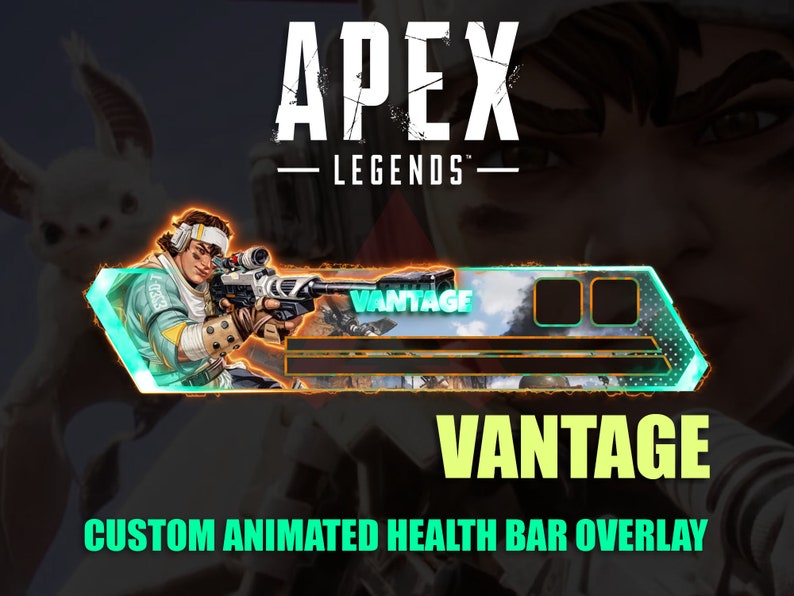 Puede incluir: Una superposici&oacute;n de barra de salud animada verde y azul para el personaje Vantage de Apex Legends. La superposici&oacute;n presenta un dise&ntilde;o personalizado con el nombre del personaje y una imagen de fondo. El texto "CUSTOM ANIMATED HEALTH BAR OVERLAY" se muestra debajo de la barra.