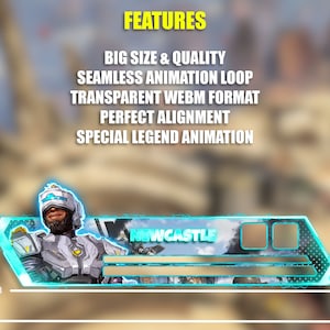 May include: Animated banner featuring a character from the video game Apex Legends. The character is Newcastle, a black man with a white helmet and a blue and white suit. The banner is blue and white with the text "NEWCASTLE" in white. The banner is 582 pixels wide and 1604 pixels tall.