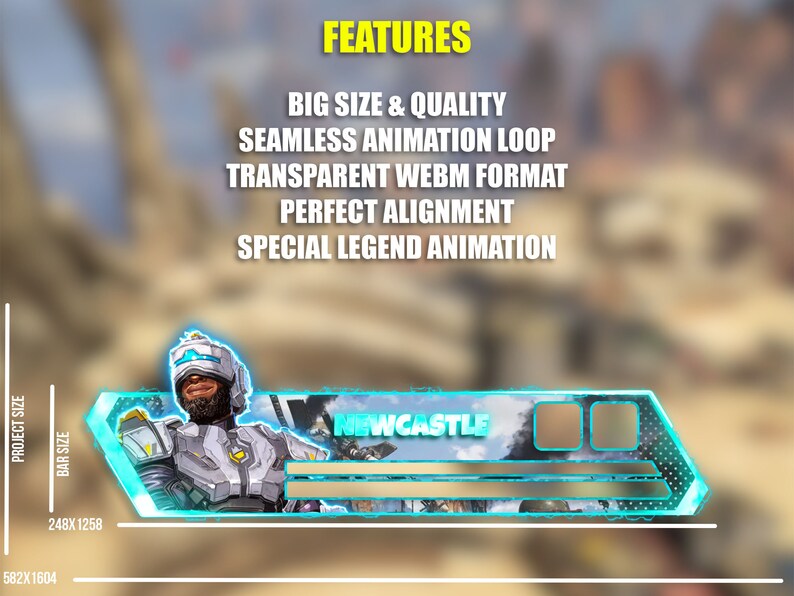 May include: Animated banner featuring a character from the video game Apex Legends. The character is Newcastle, a black man with a white helmet and a blue and white suit. The banner is blue and white with the text "NEWCASTLE" in white. The banner is 582 pixels wide and 1604 pixels tall.