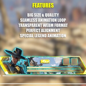 Puede incluir: Banner animado con un personaje del videojuego Apex Legends. El personaje lleva un sombrero negro y un atuendo azul y dorado. El banner es amarillo y dorado con un borde azul. El texto "SEER" es visible en el banner. El banner tiene 582 p&iacute;xeles de ancho y 1604 p&iacute;xeles de alto.