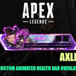 Puede incluir: Una superposici&oacute;n de barra de salud animada personalizada para Apex Legends, con un dise&ntilde;o p&uacute;rpura y rosa con el nombre "Axle". La superposici&oacute;n incluye una ilustraci&oacute;n de personaje y el logotipo del juego.