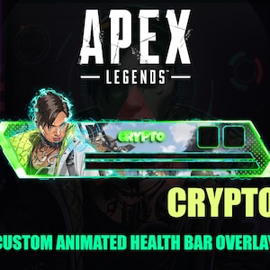 Puede incluir: Una superposici&oacute;n de barra de salud animada verde y negra para el videojuego Apex Legends, con el personaje Crypto. La superposici&oacute;n tiene un fondo verde con bordes negros y una barra de salud blanca. El personaje Crypto se muestra en el fondo, con un brillo verde y negro a su alrededor. El texto "CRYPTO" se muestra en letras amarillas debajo de la barra de salud.
