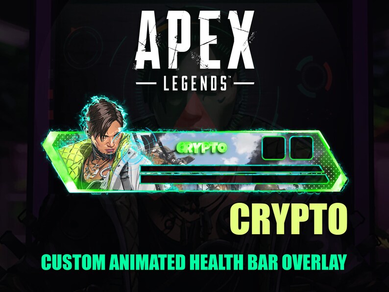 Puede incluir: Una superposici&oacute;n de barra de salud animada verde y negra para el videojuego Apex Legends, con el personaje Crypto. La superposici&oacute;n tiene un fondo verde con bordes negros y una barra de salud blanca. El personaje Crypto se muestra en el fondo, con un brillo verde y negro a su alrededor. El texto "CRYPTO" se muestra en letras amarillas debajo de la barra de salud.