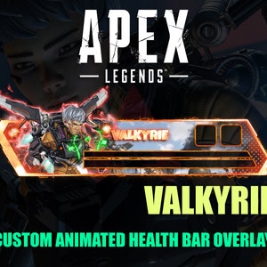 May include: A digital overlay for the video game Apex Legends featuring the character Valkyrie. The overlay is orange and black with a health bar and the text "VALKYRIE" in a white box.