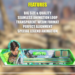 Puede incluir: Banner animado con un personaje del videojuego Apex Legends. El banner es verde y negro con un contorno azul ne&oacute;n. El personaje es Crypto, y el texto del banner dice "CRYPTO".