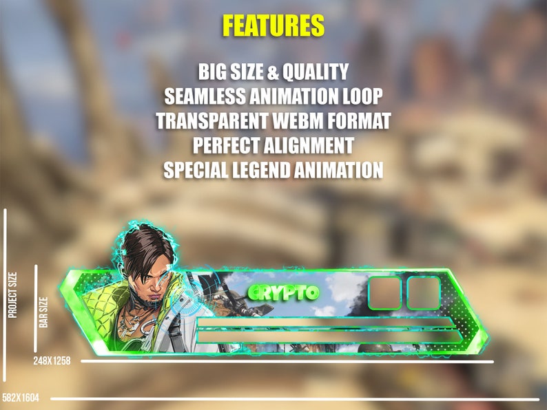 Puede incluir: Banner animado con un personaje del videojuego Apex Legends. El banner es verde y negro con un contorno azul ne&oacute;n. El personaje es Crypto, y el texto del banner dice "CRYPTO".