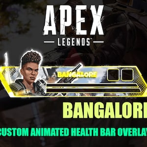 Puede incluir: Una superposici&oacute;n de barra de salud animada amarilla y negra para el videojuego Apex Legends, con el personaje Bangalore. La superposici&oacute;n incluye el texto "Bangalore" y "CUSTOM ANIMATED HEALTH BAR OVERLAY".
