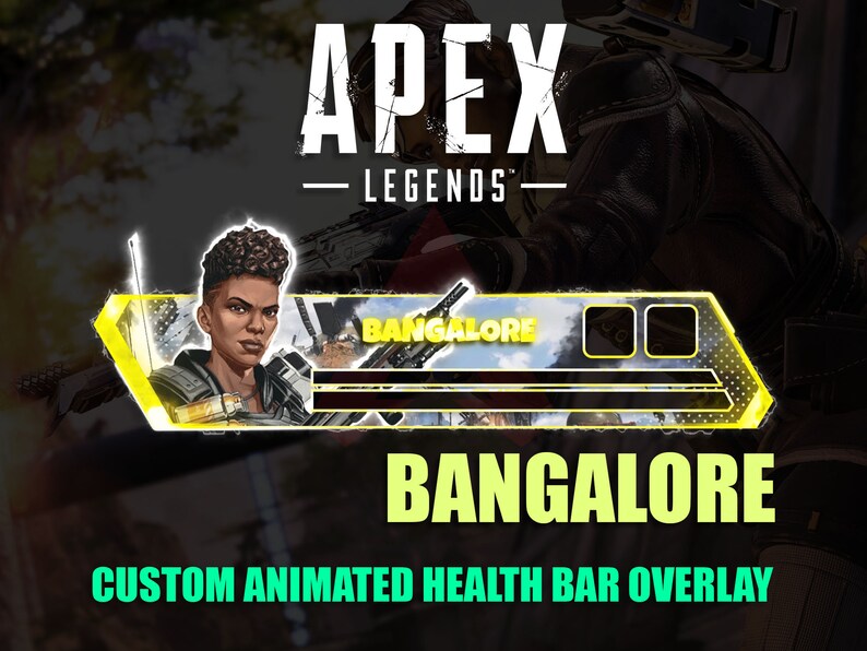 Puede incluir: Una superposici&oacute;n de barra de salud animada amarilla y negra para el videojuego Apex Legends, con el personaje Bangalore. La superposici&oacute;n incluye el texto "Bangalore" y "CUSTOM ANIMATED HEALTH BAR OVERLAY".