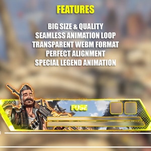 Op de afbeelding: Geanimeerde banner met een cartoonfiguur dat een geweer vasthoudt, met de tekst "FUSE" in een gele doos. De banner heeft een gele rand en een zwarte achtergrond met een pixelpatroon. De banner is 582 pixels breed en 1604 pixels hoog.