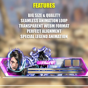 Op de afbeelding: Geanimeerde Valorant-personagebanner met Catalyst, een paars en blauw personage met gloeiende ogen, tegen een achtergrond van een bewolkte lucht. De banner heeft een roze rand en de tekst "CATALYST" in witte letters. De banner is 582 pixels breed en 1604 pixels hoog.