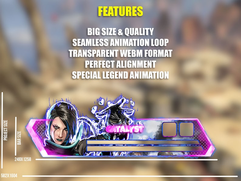 Op de afbeelding: Geanimeerde Valorant-personagebanner met Catalyst, een paars en blauw personage met gloeiende ogen, tegen een achtergrond van een bewolkte lucht. De banner heeft een roze rand en de tekst "CATALYST" in witte letters. De banner is 582 pixels breed en 1604 pixels hoog.