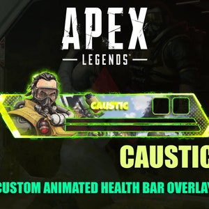 May include: A custom animated health bar overlay for the video game Apex Legends, featuring the character Caustic. The design is predominantly yellow and green, with the Apex Legends logo at the top. The health bar is a rectangular shape with a neon green outline.
