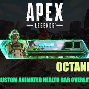Peut inclure: Un overlay de barre de sant&eacute; anim&eacute;e personnalis&eacute;e pour Apex Legends, avec le personnage Octane. Le design comprend une palette de couleurs vert n&eacute;on et bleu, avec le logo du jeu en haut. Le mot "Octane" est affich&eacute; en jaune.