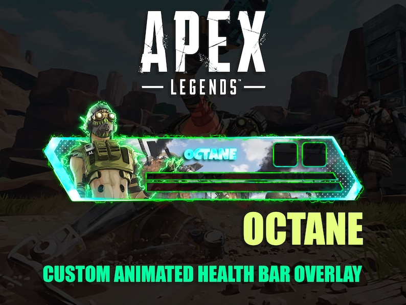 Peut inclure: Un overlay de barre de sant&eacute; anim&eacute;e personnalis&eacute;e pour Apex Legends, avec le personnage Octane. Le design comprend une palette de couleurs vert n&eacute;on et bleu, avec le logo du jeu en haut. Le mot "Octane" est affich&eacute; en jaune.
