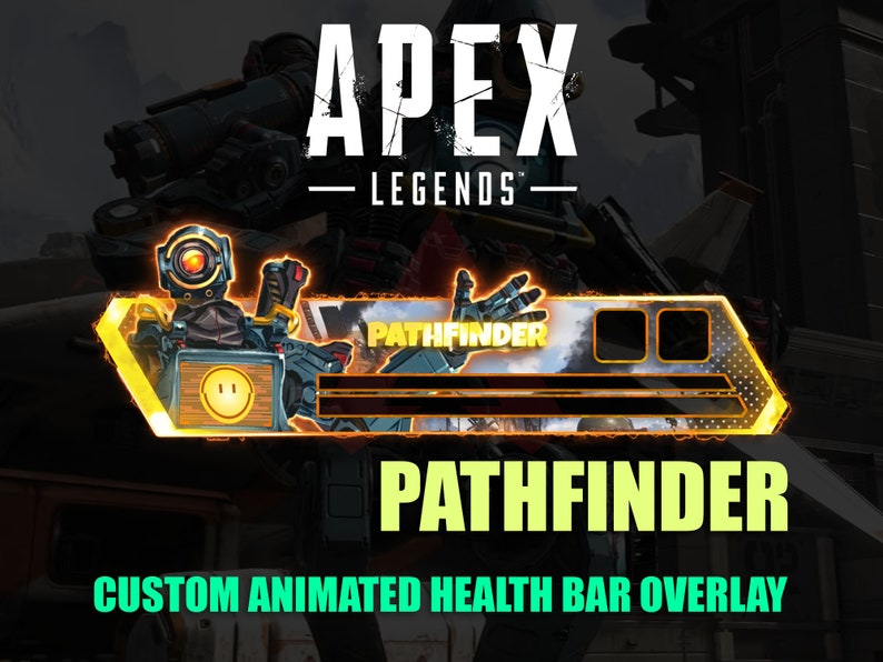 Op de afbeelding: Een digitale overlay voor de videogame Apex Legends, met het personage Pathfinder. Het ontwerp bevat een gezondheidsbalk, twee vakken en de naam van het personage. De tekst "CUSTOM ANIMATED HEALTH BAR OVERLAY" is ook zichtbaar.