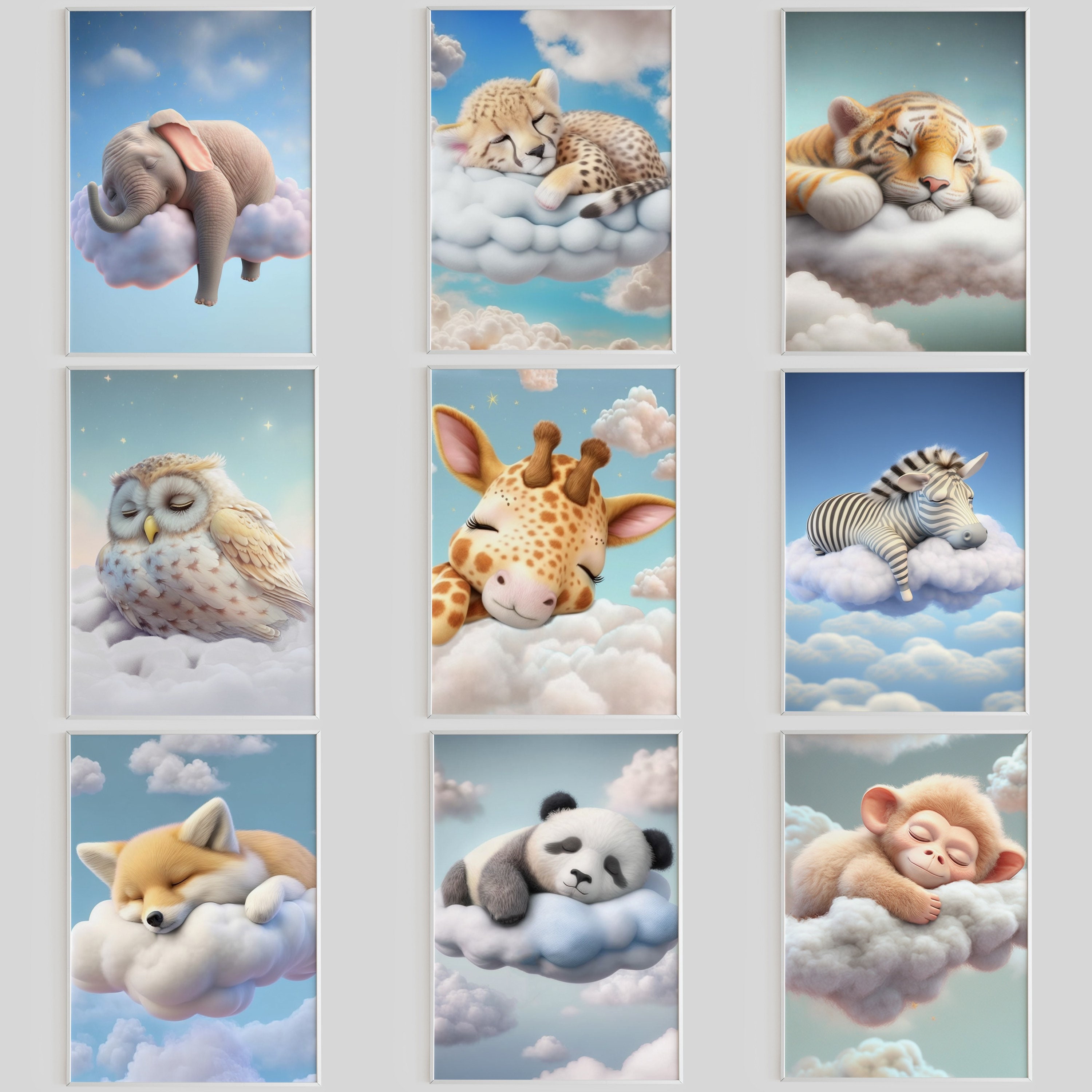 Nursery Room Decor - Cute Baby Animal Sleeping on Clouds, Nursery Wall ...