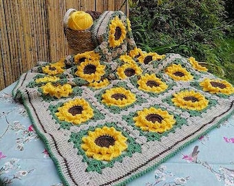 Patrón de manta de ganchillo con girasoles / Manta afgana cuadrada de la abuela (PDF)