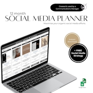 Peut inclure: Un ordinateur portable affichant un modèle de planificateur de médias sociaux de 12 mois dans Google Sheets. Le planificateur est conçu pour aider les utilisateurs à maximiser leurs efforts de médias sociaux organiques. L'image comprend également un téléchargement gratuit de stratégie de médias sociaux.