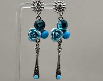 Silver & Blue Flower Earrings, Handmade Floral Turquoise