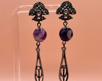 Vintage Silver and Purple Stone Earrings, Handmade