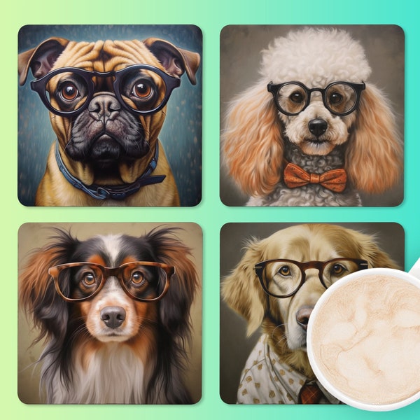Dorky Dogs 4 mixed Coasters, nerdy dog coaster set, dogs in glasses, silly dogs, housewarming gift, gift for dog lover, dog mom, geek dogs