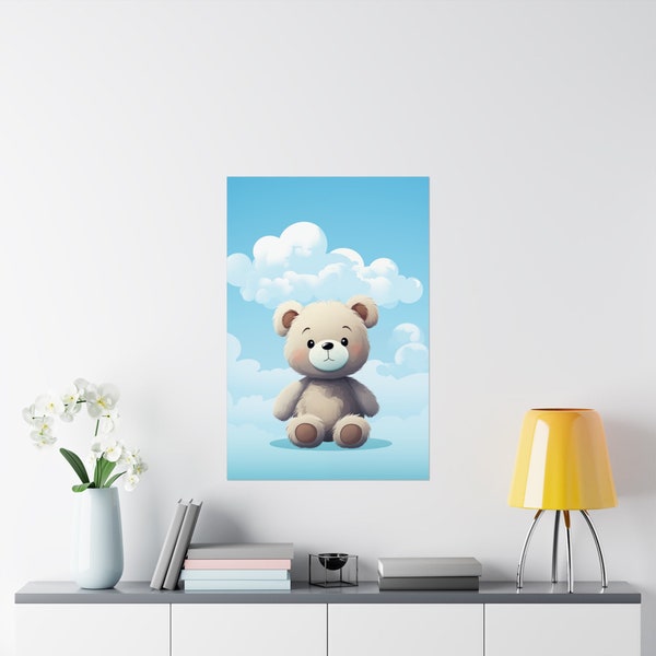 Teddy Bear in the Clouds Matte Poster, cute children's poster, nursery artwork, new baby gift, wall art kids, home decor, adorable bear