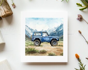 Vintage Blue Bronco Digital Postcard - Watercolor  - Vintage Car Postcard Clipart - Vintage Car PNG - Bronco Clipart - Digital Clipart PNG