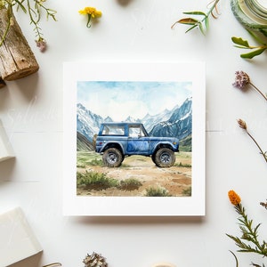 Vintage Blue Bronco Digital Postcard - Watercolor  - Vintage Car Postcard Clipart - Vintage Car PNG - Bronco Clipart - Digital Clipart PNG